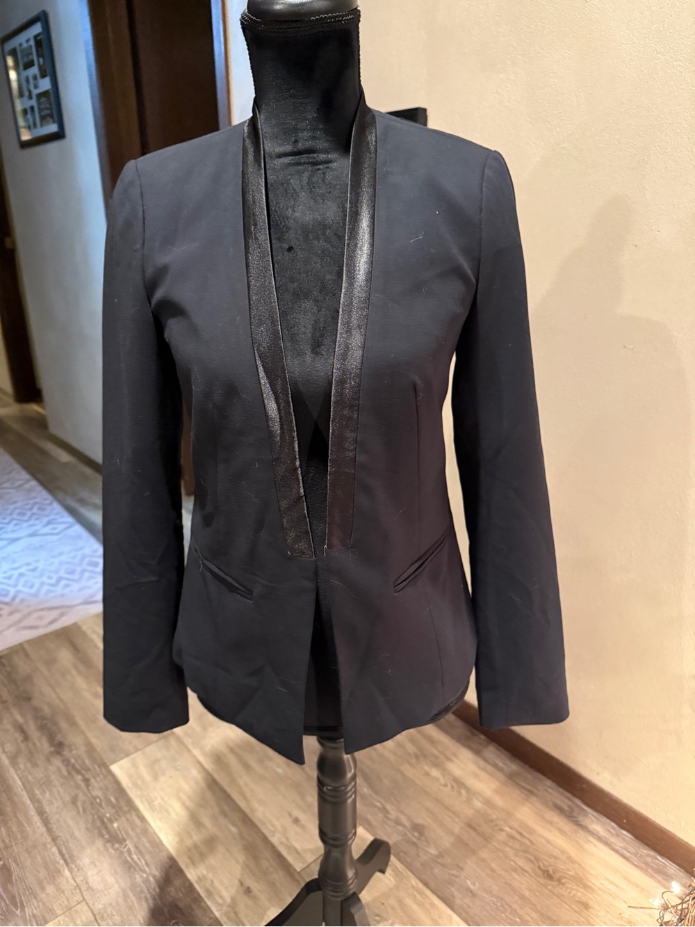 Banana Republic Black Open-Front Blazer with Faux Leather Trim